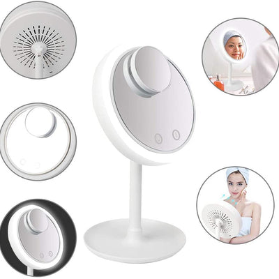 Cool Aire Mirror – Portable 3-in-1 USB Rechargeable LED Light Desktop Round Makeup Mirror with Fan